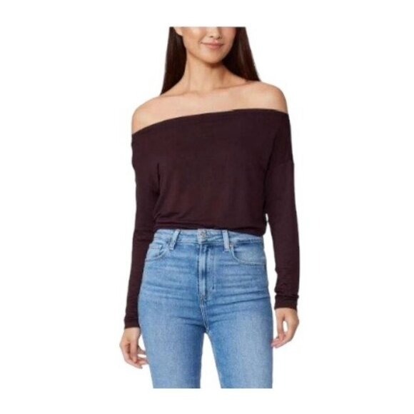 Paige Womens Black Cherry Suvi Off the Shoulder Long Sleeve Bodysuit Sz L NWT