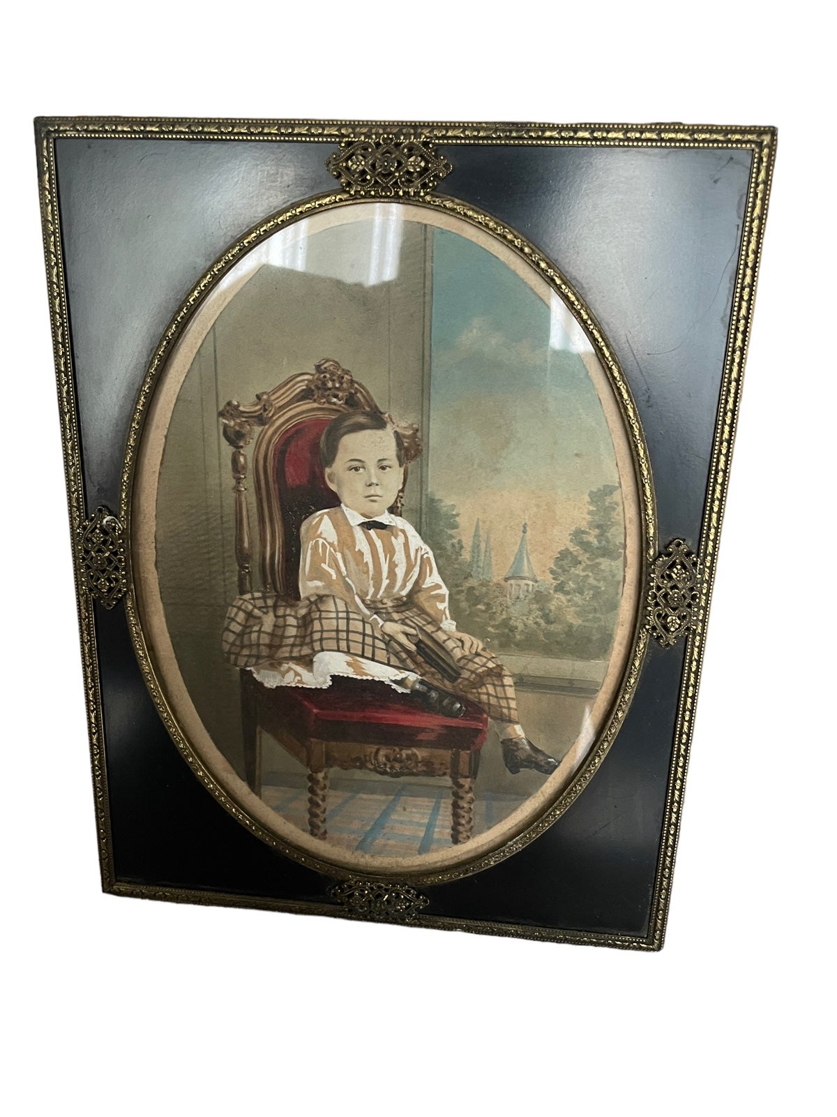 Antique Gold Brass & Black Glass Decorative Frame with Glass & Painting of a Boy