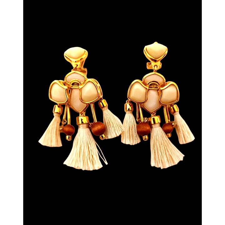 Leie Sadoughi Gold Tone Howlite Marble Stone Petal Capped Fringe Wood Earrings