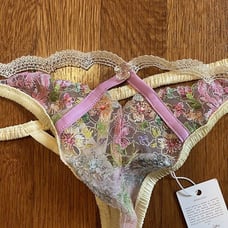 For Love & Lemons XL Floral Frenzy Embroidery Thong Panty Pink Lace Yellow NWT