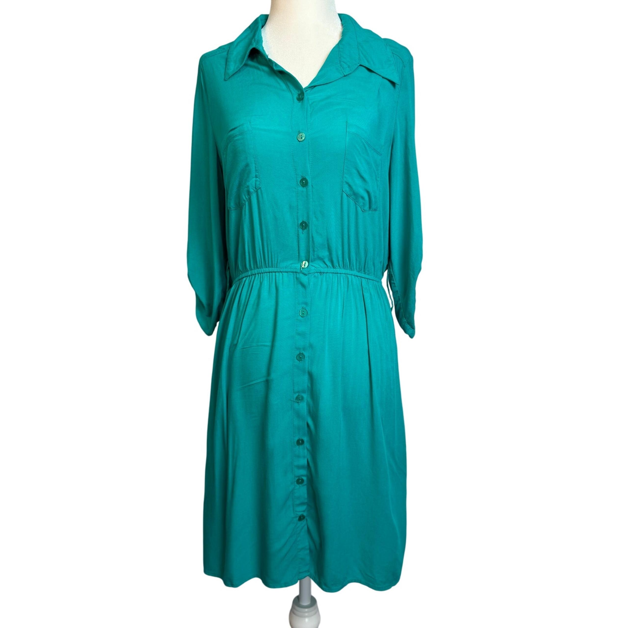A. Byer Teal Button-Up Shirt Dress with Elastic Waist – Size Medium