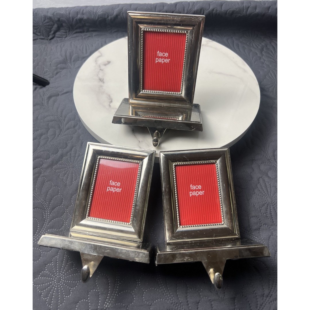 Silver Picture Frame Christmas Decor Stocking Holder 2”x 3” Photo 3pc Lot USED