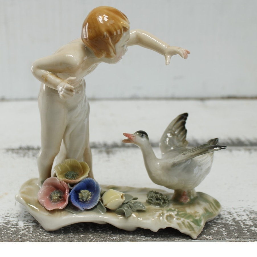 Antique Karls Ens Volkstedt Germany Child & Goose Porcelain Figurine c1920