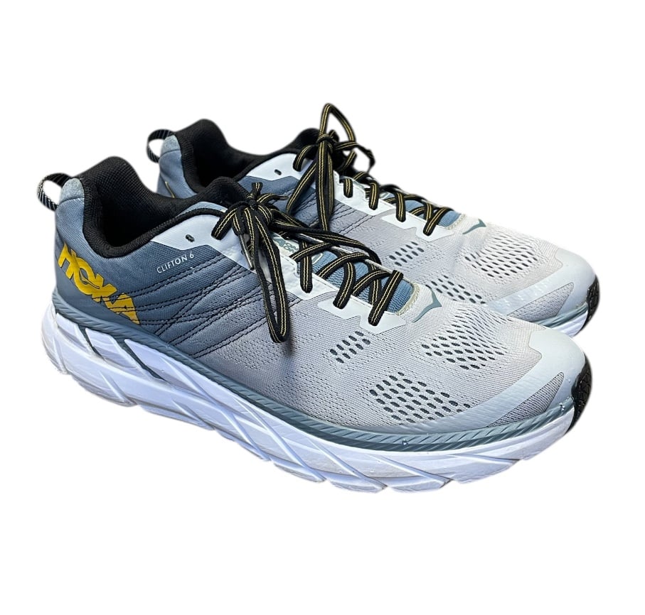 Hoka One One Clifton 6 Shoes Men’s Sz 12.5 Running Gray Yellow Sneakers 1102872