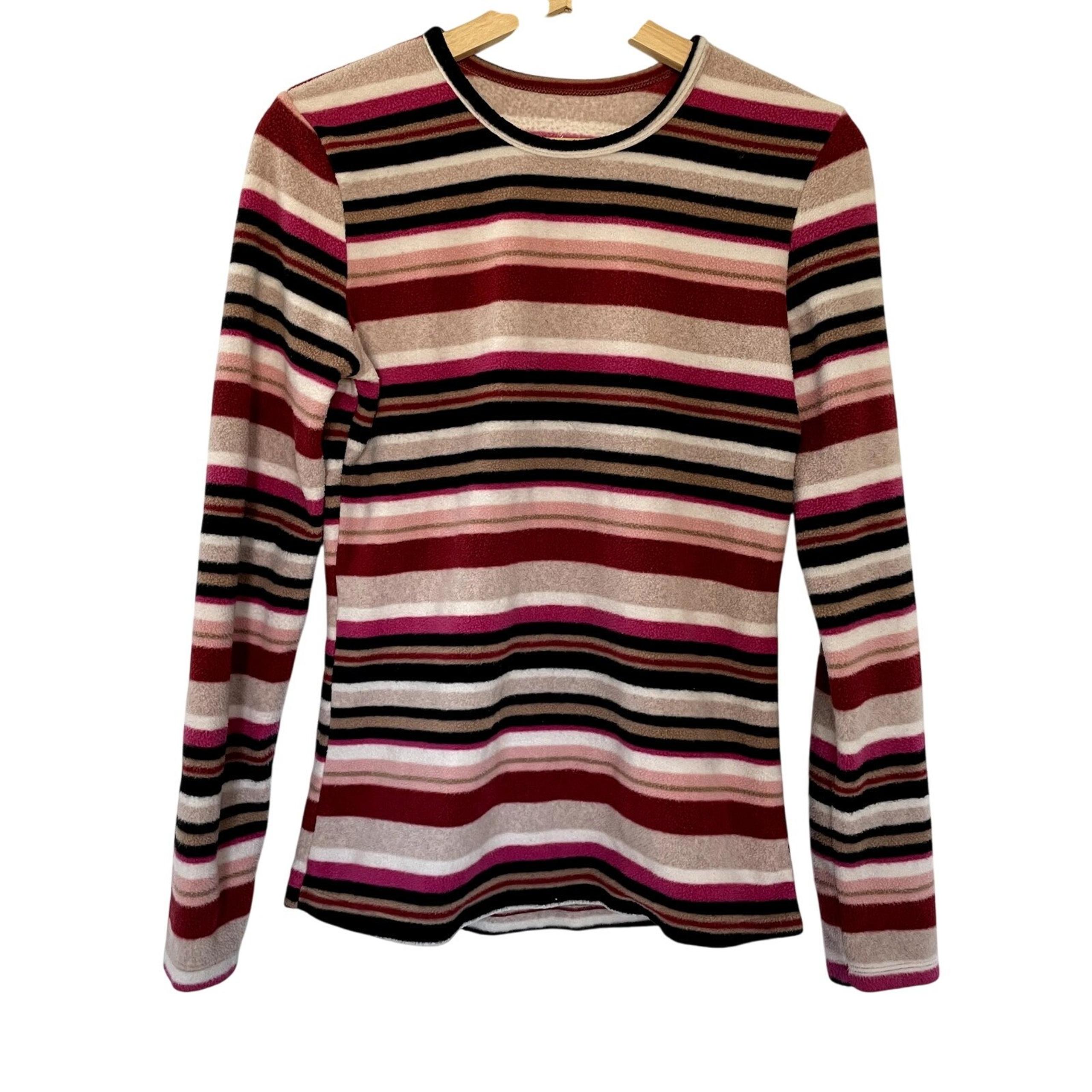 Cuddl Duds pink black white striped fleece crewneck sweater women's size medium