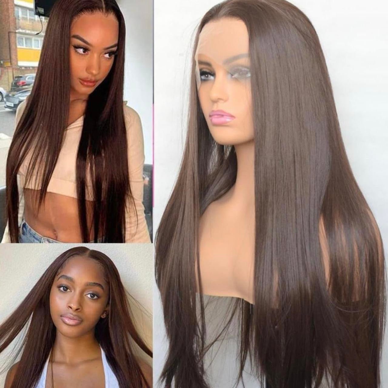 human hair blend lace front brown straight wig.