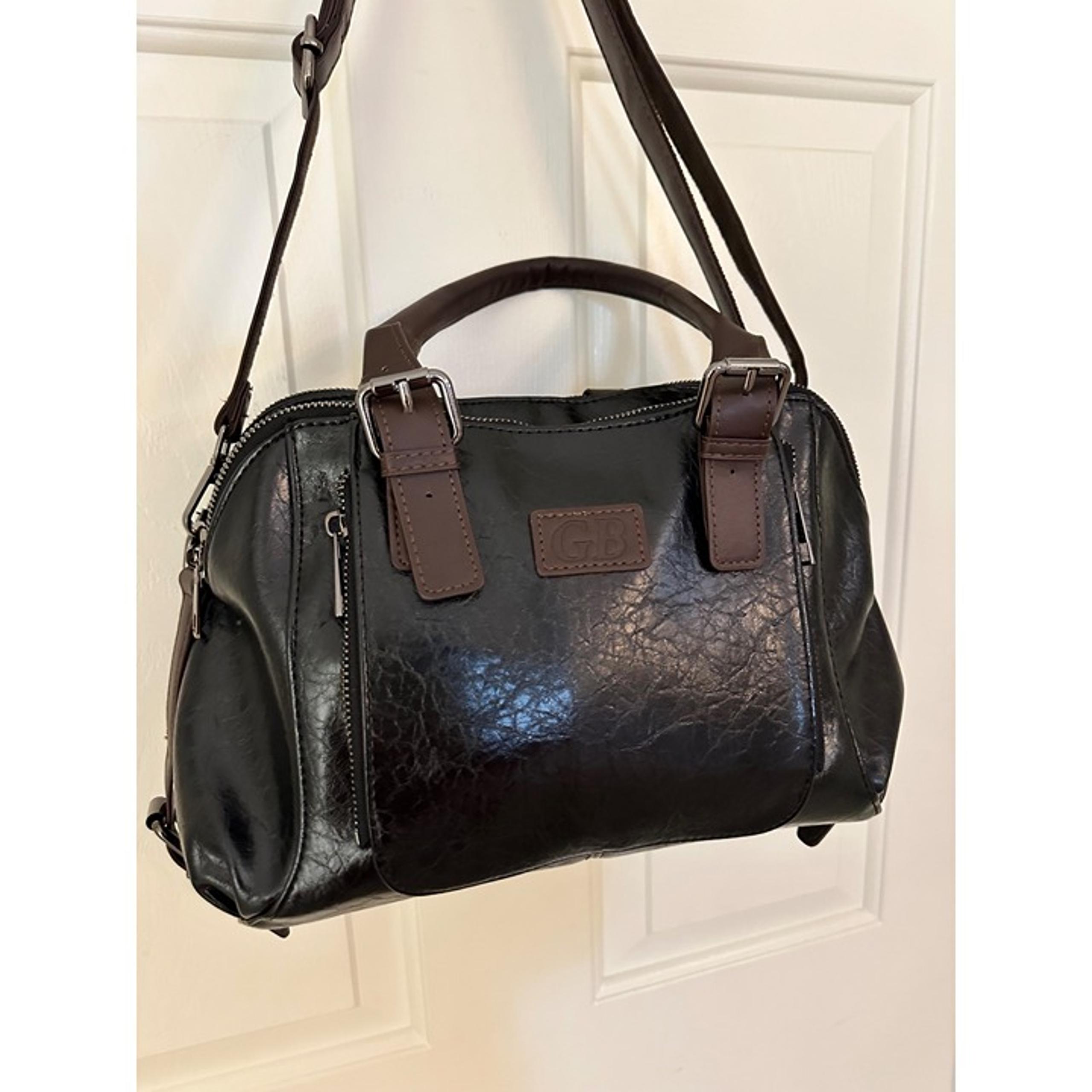 Black Faux Leather Satchel Handbag With Brown Handles & Adjustable Shoulder Stra