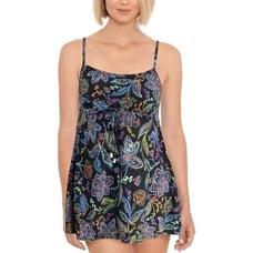 Swim Solutions Black Floral Paisley Swim Suit Dress Minimizer Plus Size 2X New!