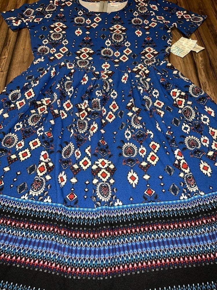 Lularoe Amelia Dip XL 18/20 16/18 Unicorn Dress Blue Aztec Tribal Striped New