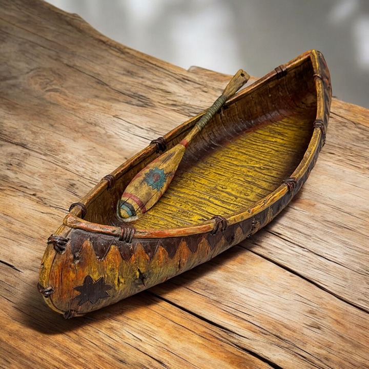 Collectible Vintage Resin Birch Bark Canoe, Native American Design, 18 Length