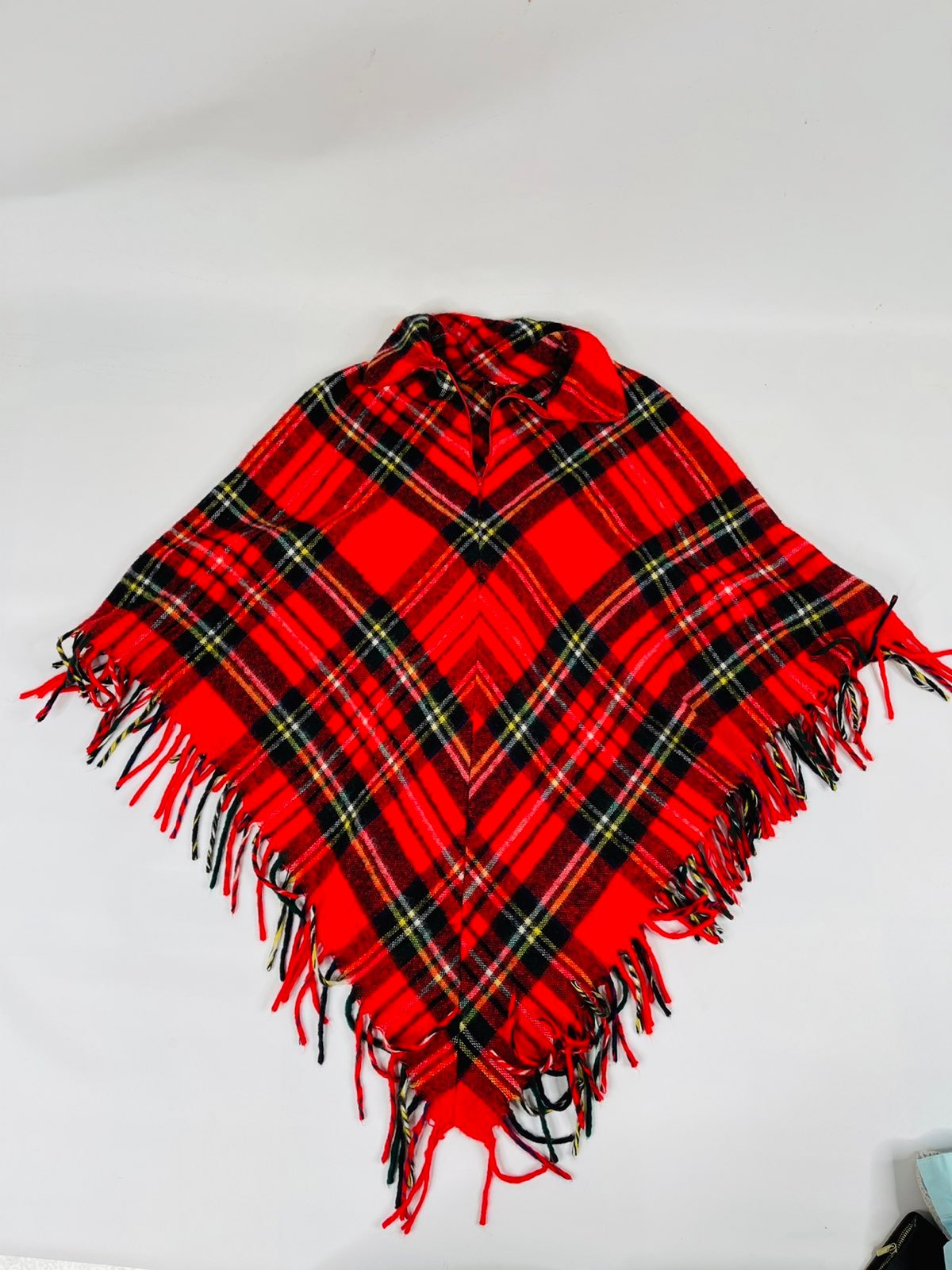 70s Hippy Red Tartan Plaid Poncho