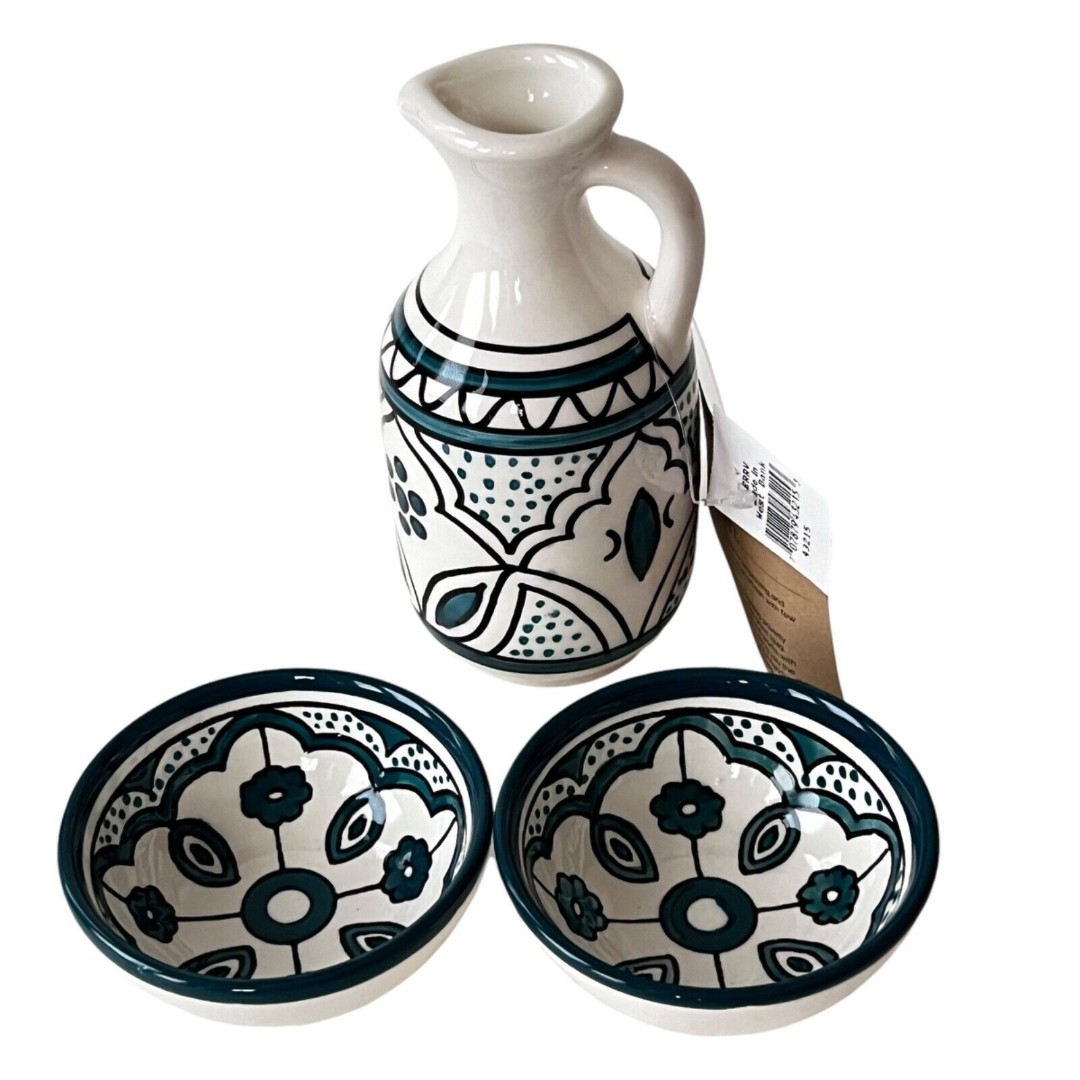 Serrv Fair Trade West Bank Hand Painted Oil Vinegar Dispenser & 2 Bowls NWT