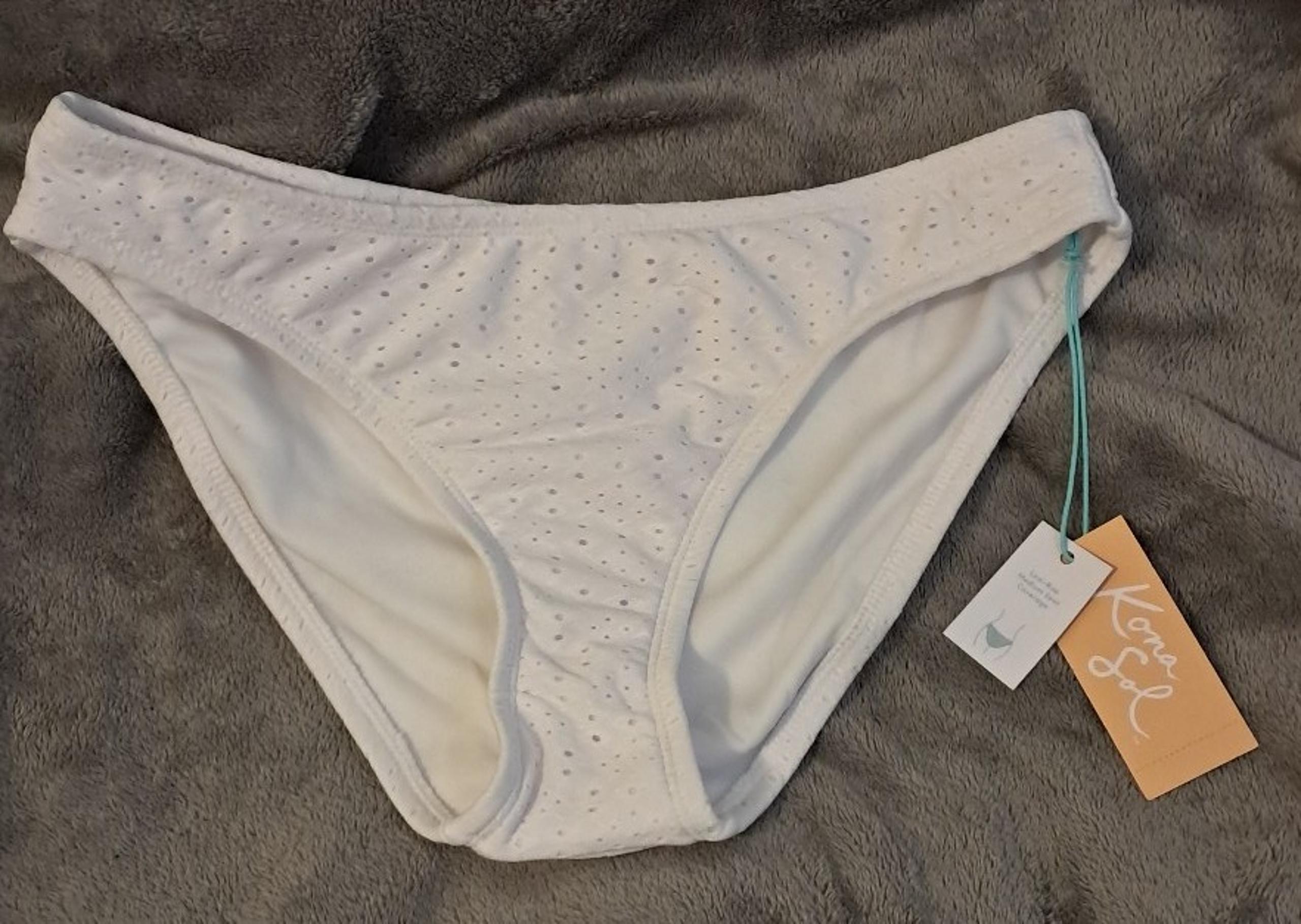 Kona Sol Women's White Eyelet Swimsuit Bathing Suit Bikini Bottoms. Size: Small.