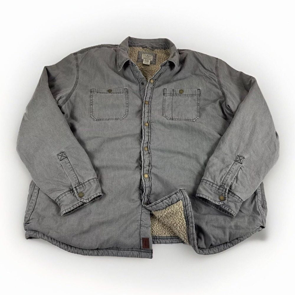LL Bean Sherpa Lined Jacket Men XXL Gray Snap Button Up Trucker Coat Pockets Vtg