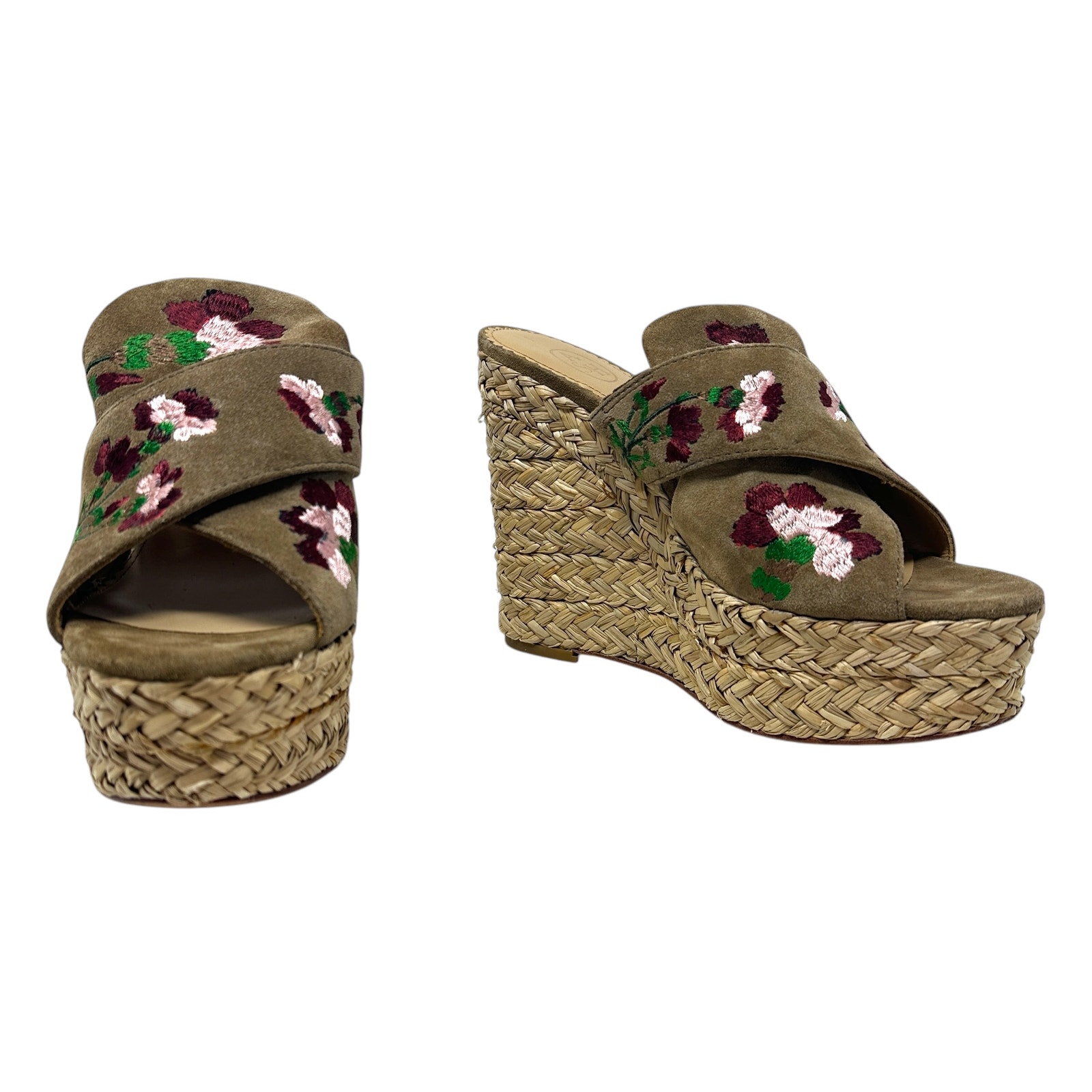 ASH Bahia Mules Embroidered Brown Suede Platform Heel Slide Wedge Size 39 US 9