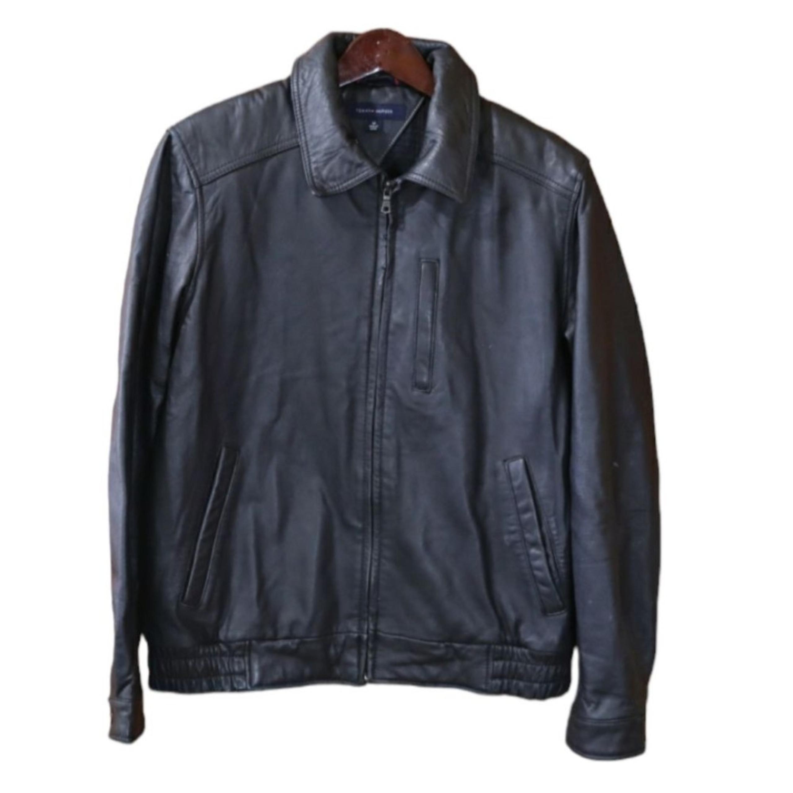 Vintage 90s Tommy Hilfiger Black Leather Jacket Mens Medium Preppy Biker Punk