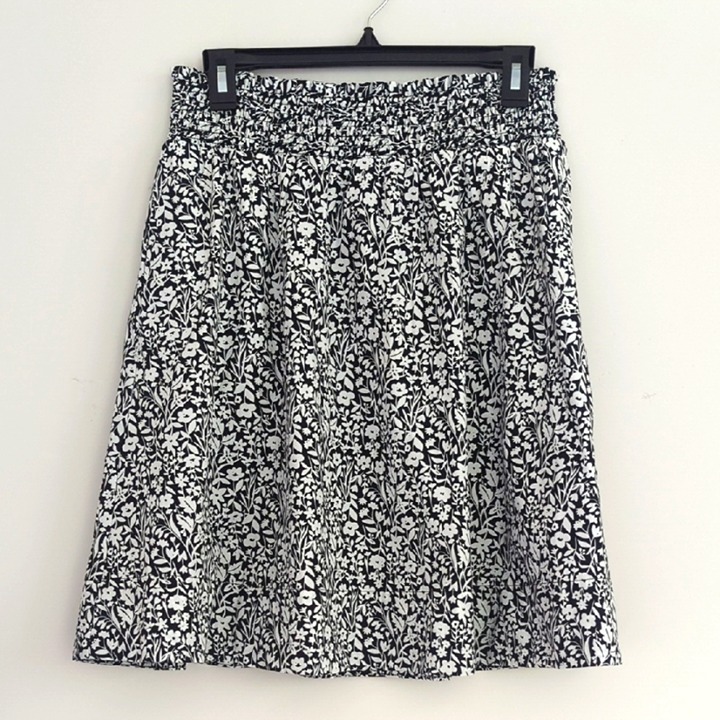 NWT Boden Shirred Waist Cotton Skirt Floral Black and White Size 8R