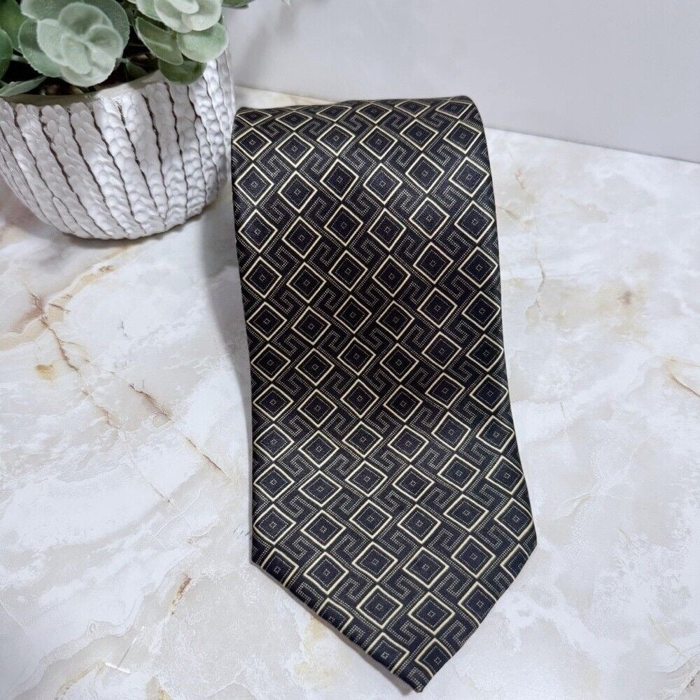 NWOT Stefano Ricci Pure Silk Geometric Print Tie Italy Black & Tan 3 3/4 x 62 L