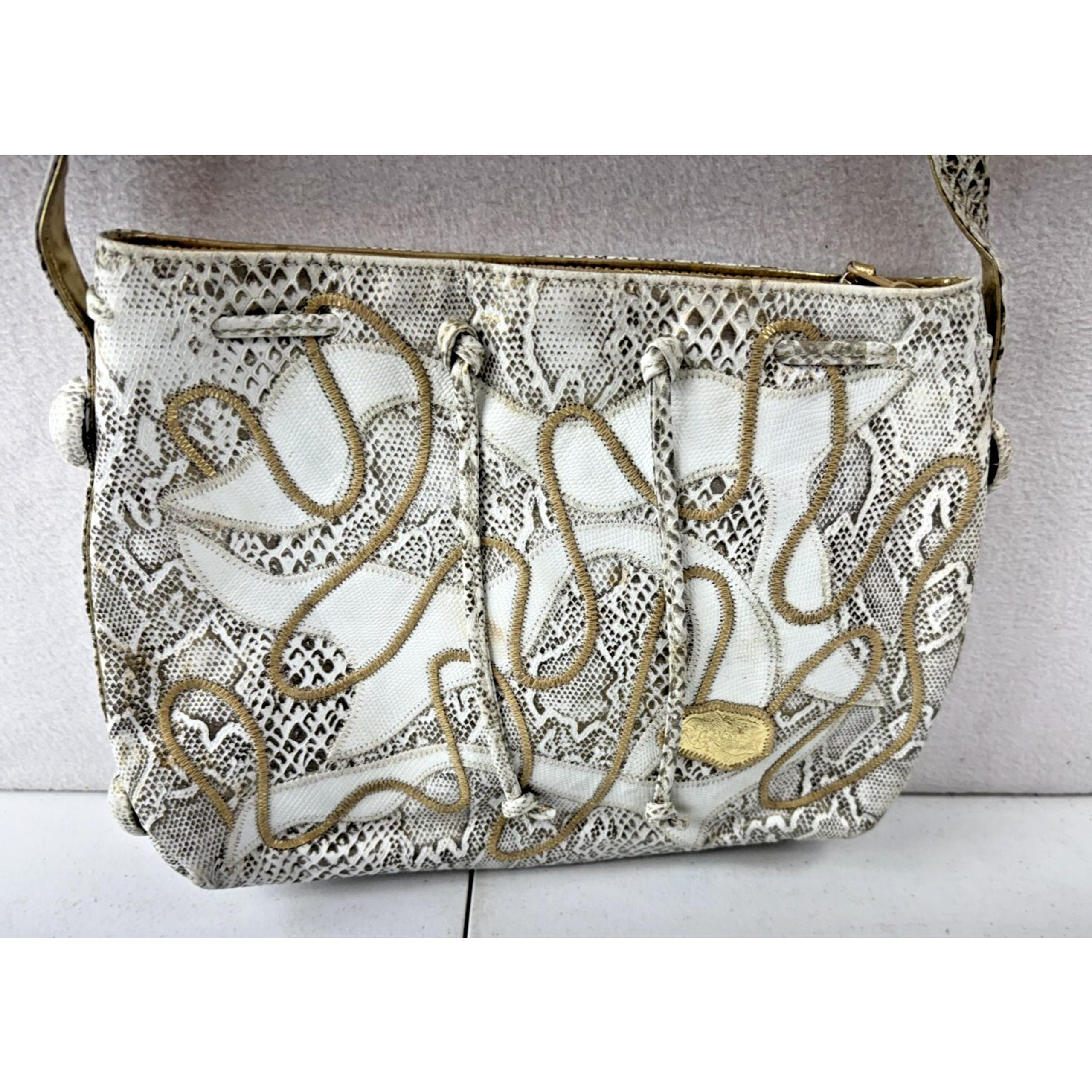 CARLOS FALCHI Vintage Snake Print Leather Should Bag Purse White/Silver/Gold