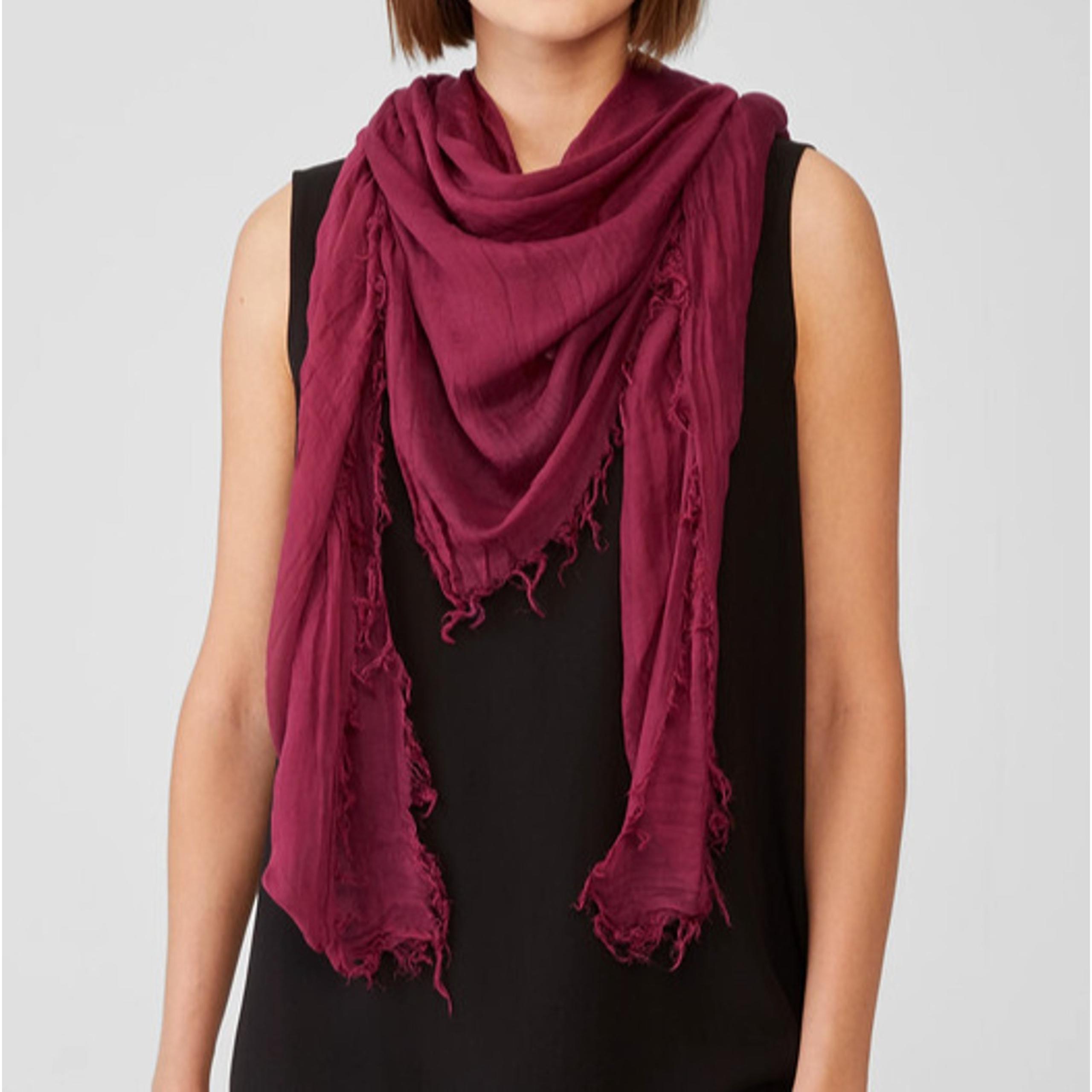 A5 New EILEEN FISHER Fringe-Trim Gauze Raspberry Scarf Sz O/S $128 Italy