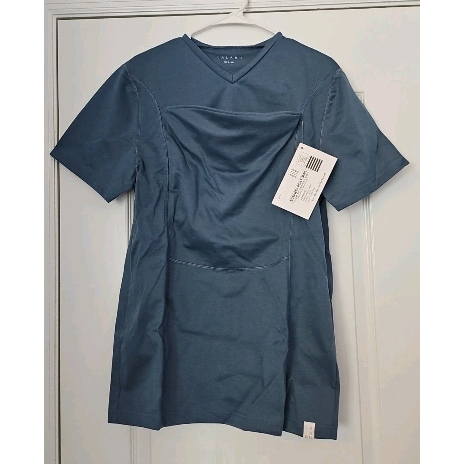 LALABU Dad Shirt Top Blue Baby Carrier Soothing Kangaroo Pocket Size Medium NEW