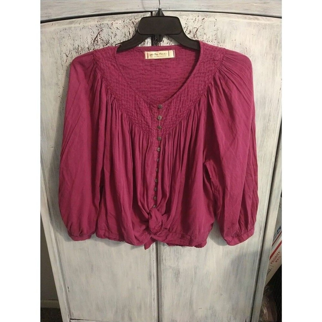 Free People Puff Sleeve Tie Front Size Small Pink Top Office Classic Boho