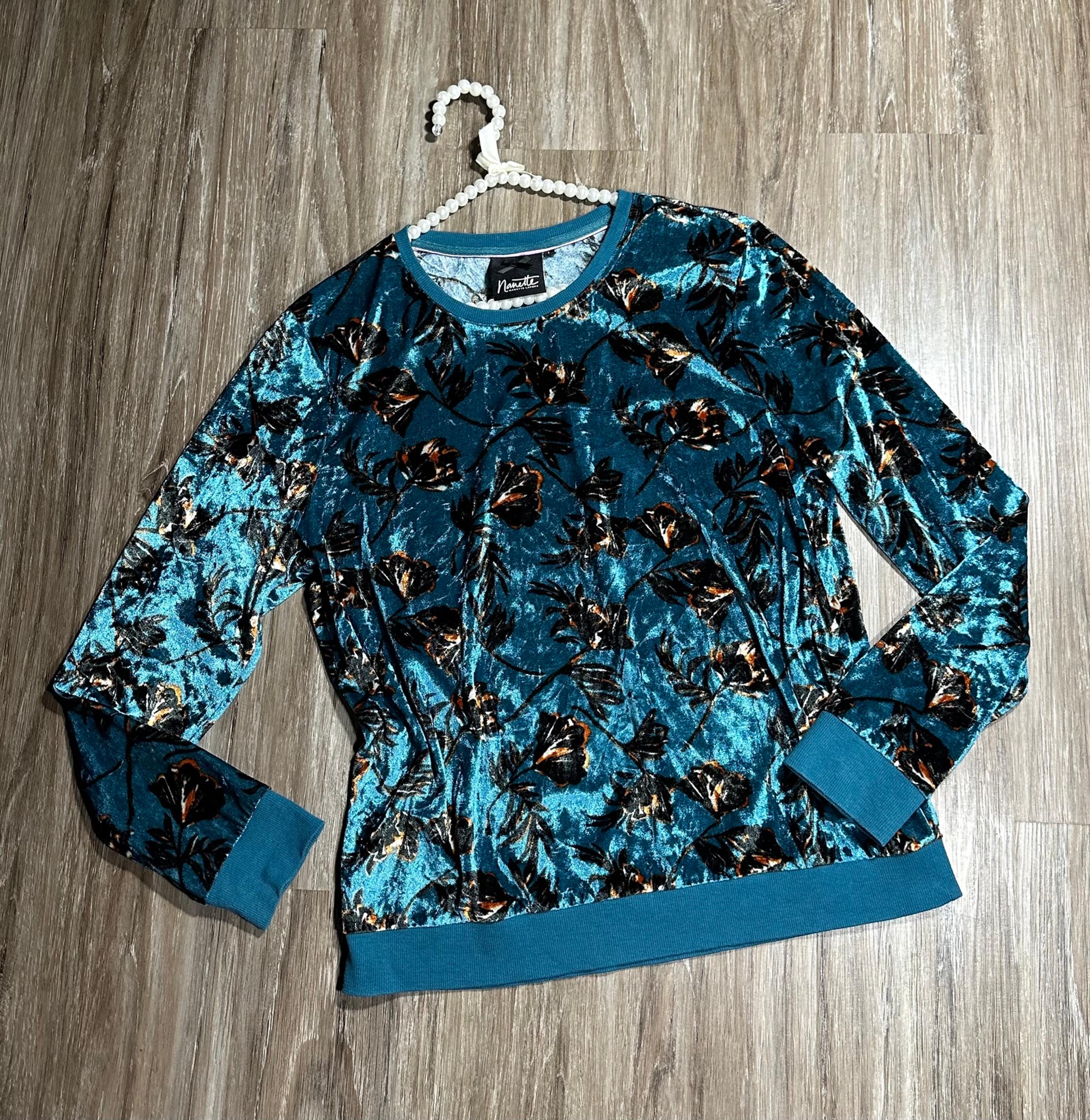 Nanette Lepore Velvet Floral Crewneck Sweater Women’s Size Large Teal Green