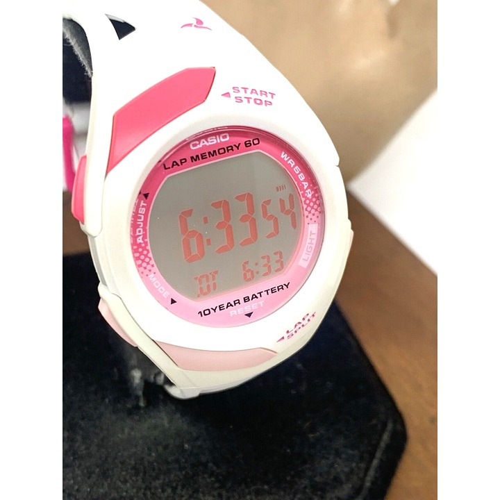 Casio Women's Watch STR300 Runner Lap Counter White Pink Resin Digital 2575 35mm