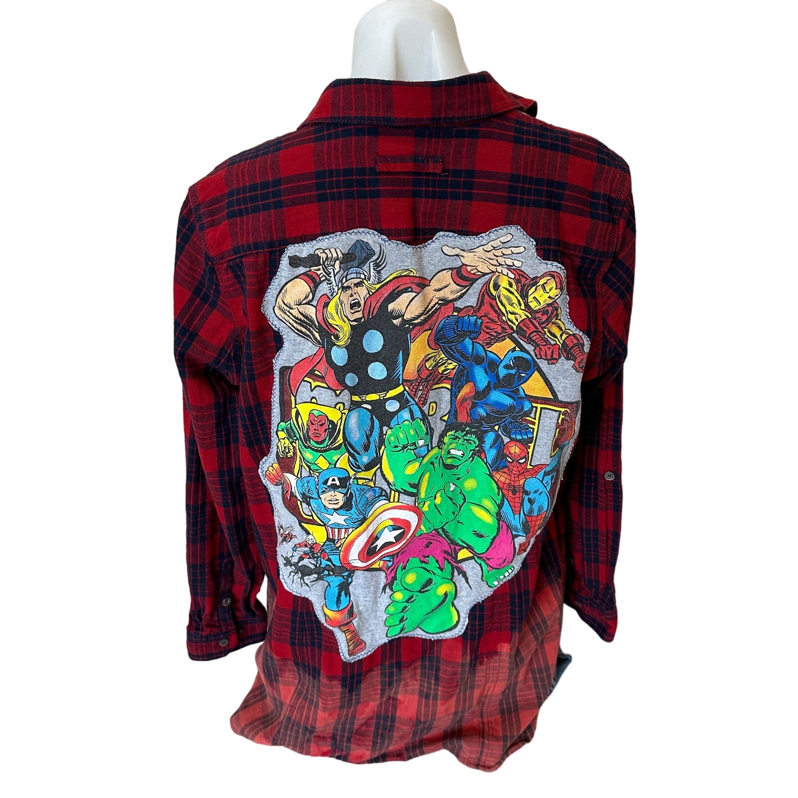 Avengers Plaid Flannel Shirt LARGE Oversize Upcycled Unique DC Comics Grunge