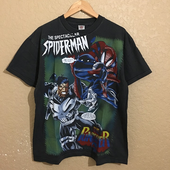 Spider-Man Vs The Punisher Marvel Comic Mega Print T-Shirt XL Faded Black