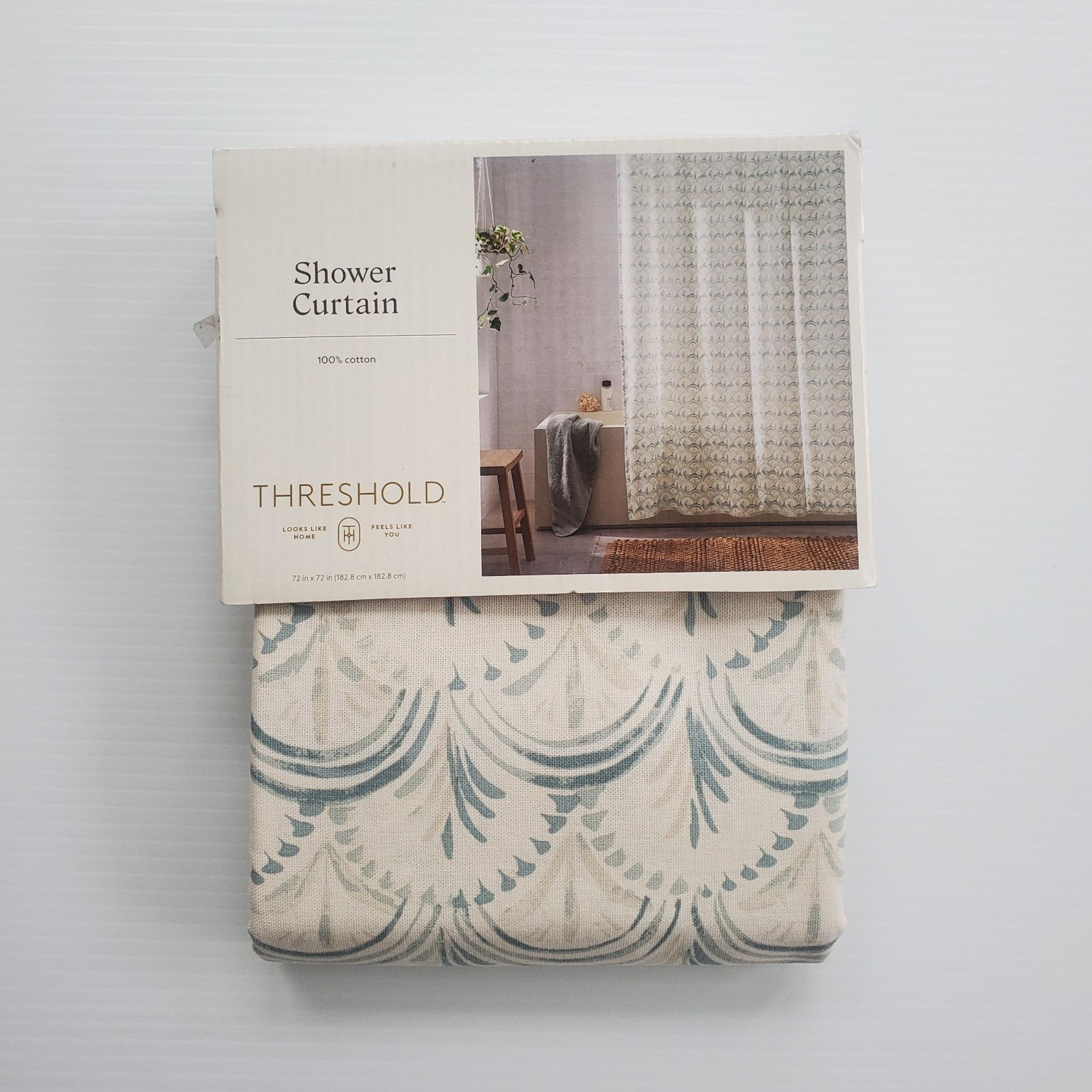 Threshold Aqua Scallop Block Print Cotton Fabric Shower Curtain