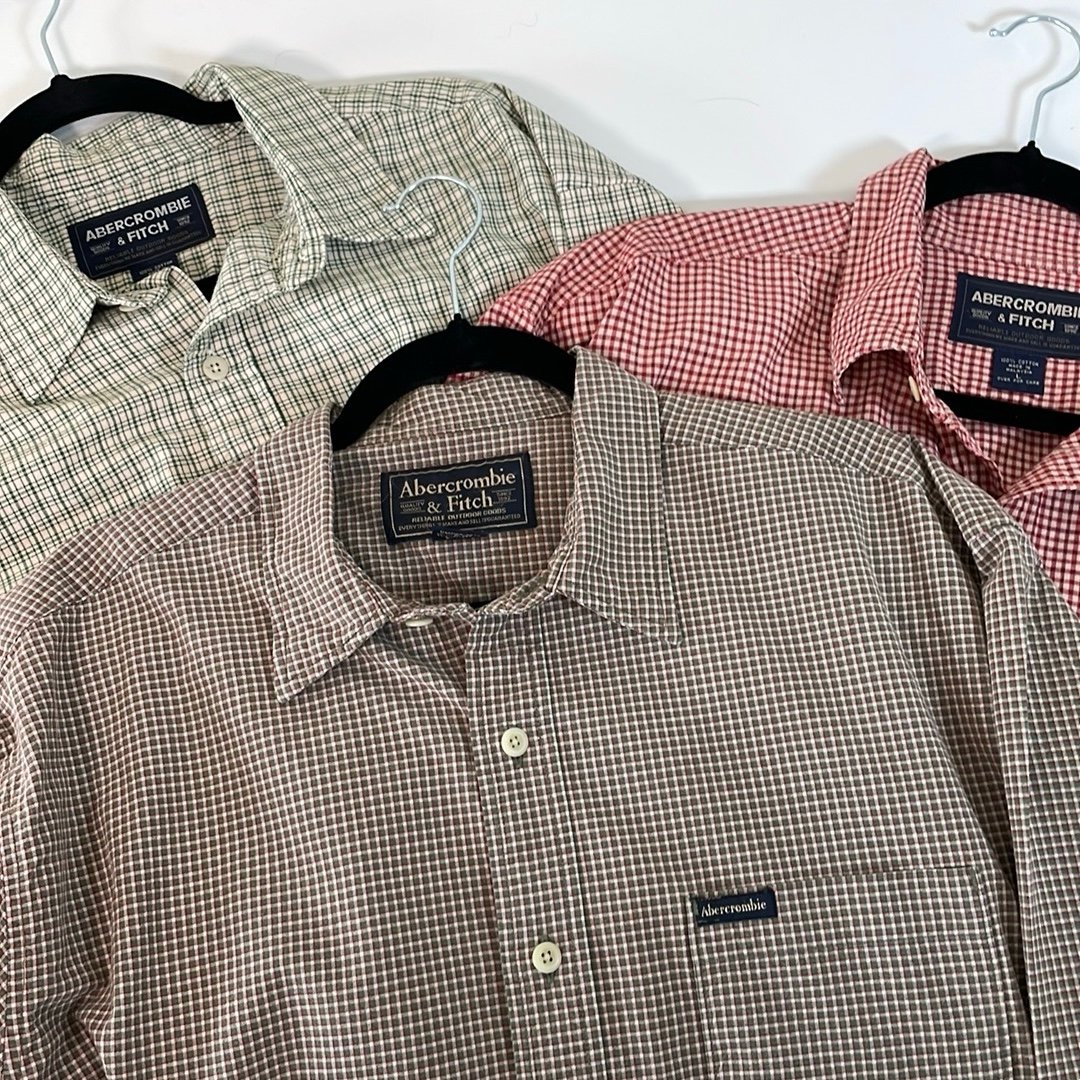 Abercrombie & Fitch BUNDLE OF 3 Mens Y2K Button Down Plaid Cotton Shirts LG