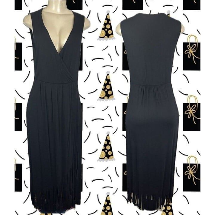 Kate & Mallory M Black Surplice Neck Faux Wrap Fringe Hem Midi Cocktail Dress