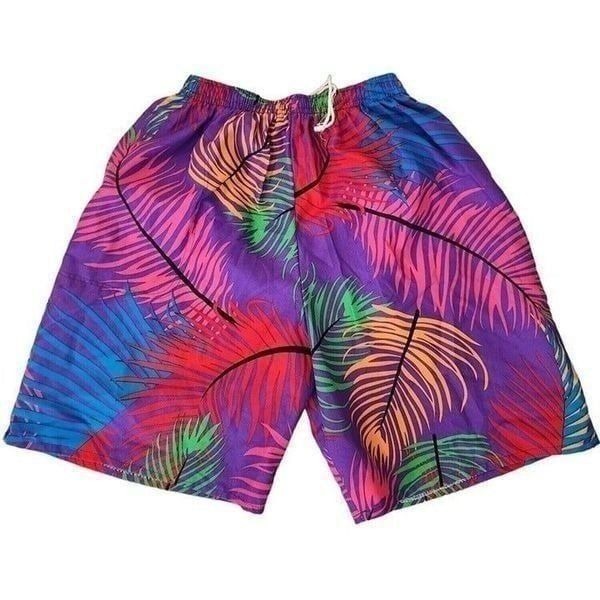 Vintage 90s Bright Botanical Colorful Swim Shorts S Beach Pool Party Barbie Ken