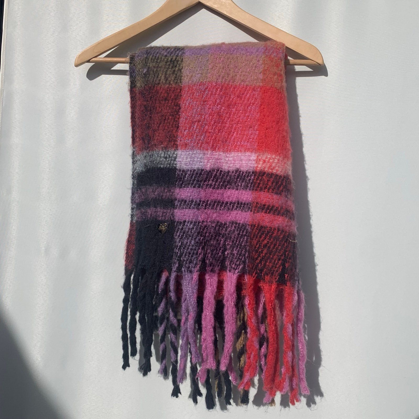 Betsey Johnson plaid tassel soft poly knit scarf