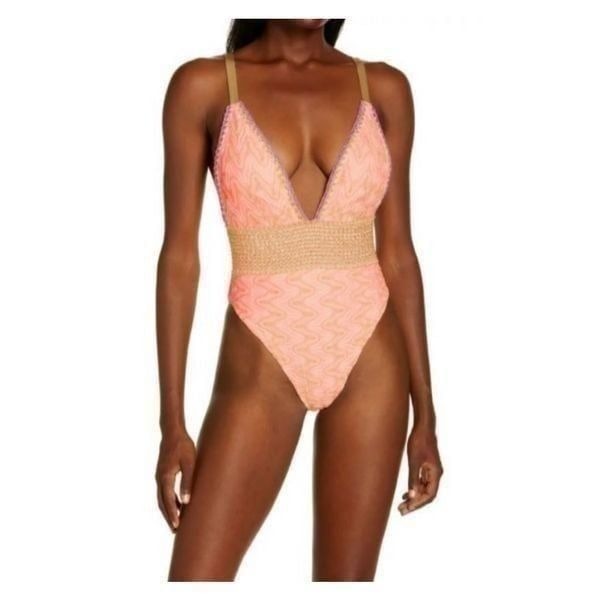 River Island Zigzag Plunge One-Piece Swimsuit, Size 4 Us in Coral