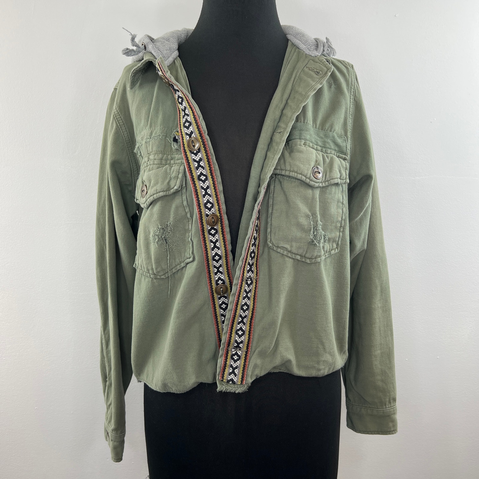 Free People Weekend Wanderer Jacket Knit Hood Military Army Western Tribal XS