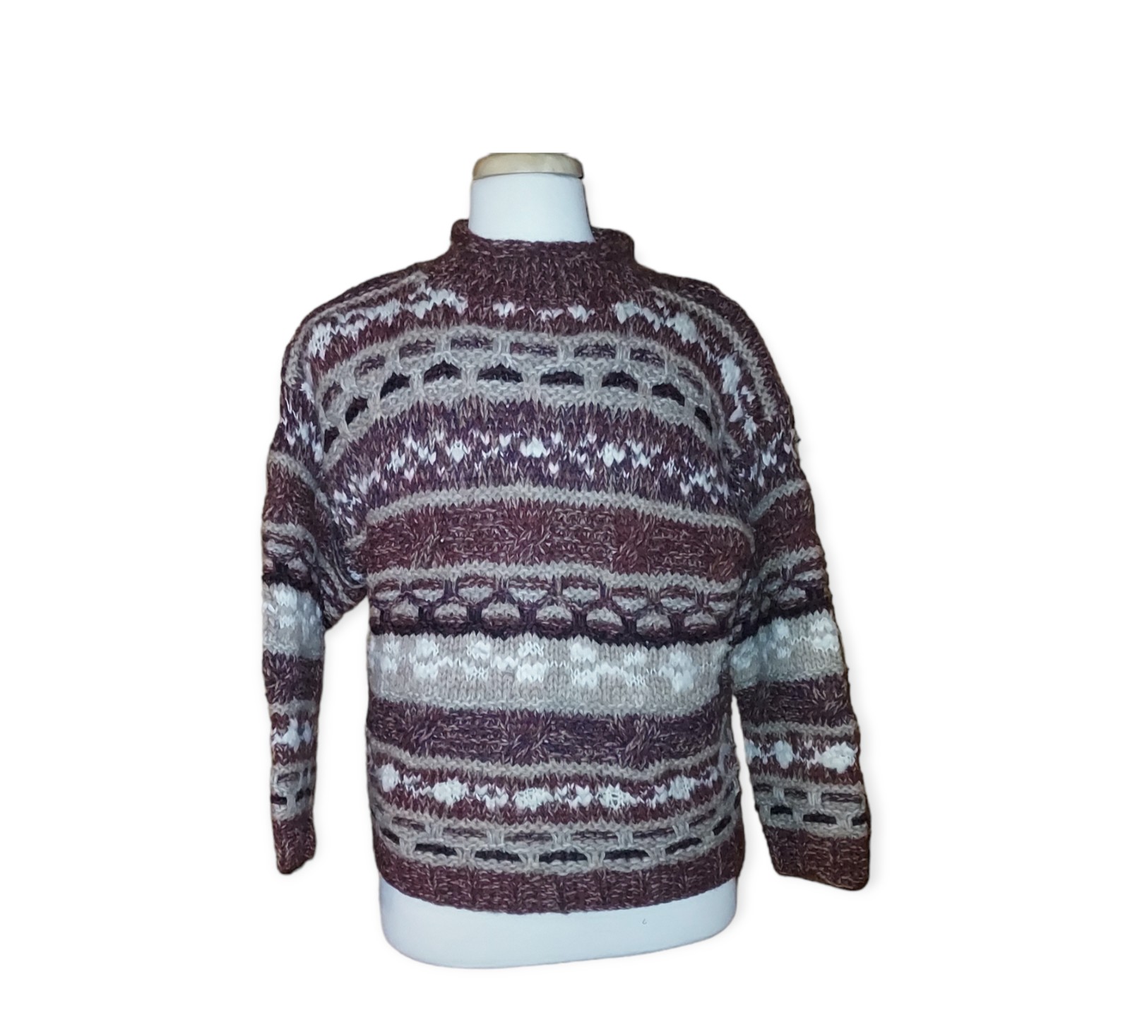 The Hand Knit For The Limited M Sweater Men 100% Wool Striped Burgundy Brown....