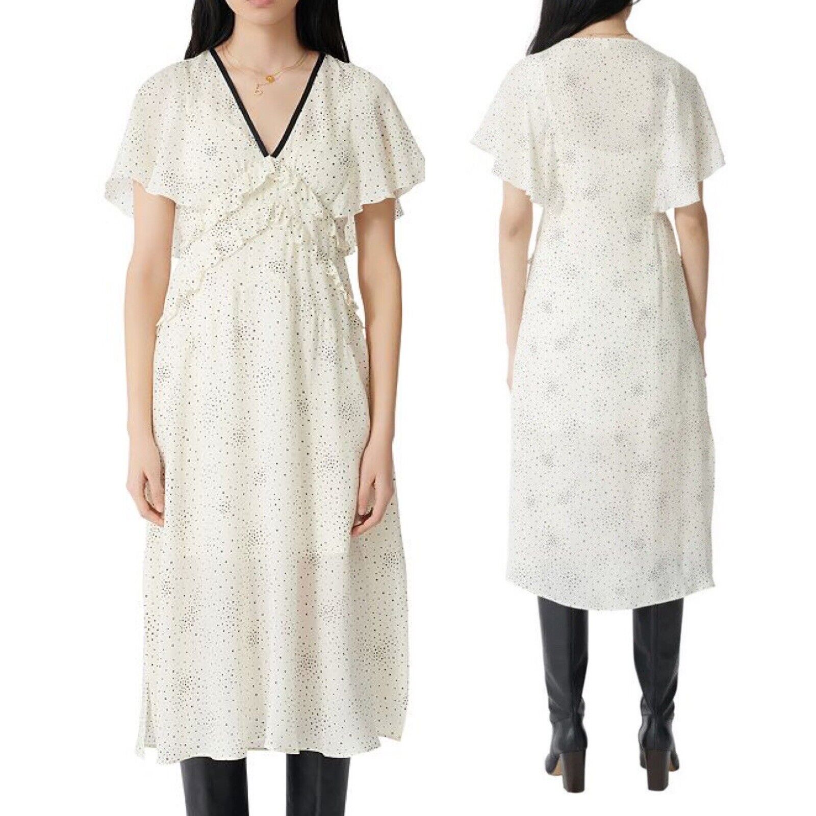 MAJE Racky Ruffled Star Print Cupro Midi Dress Sz 38 US Medium Constellation