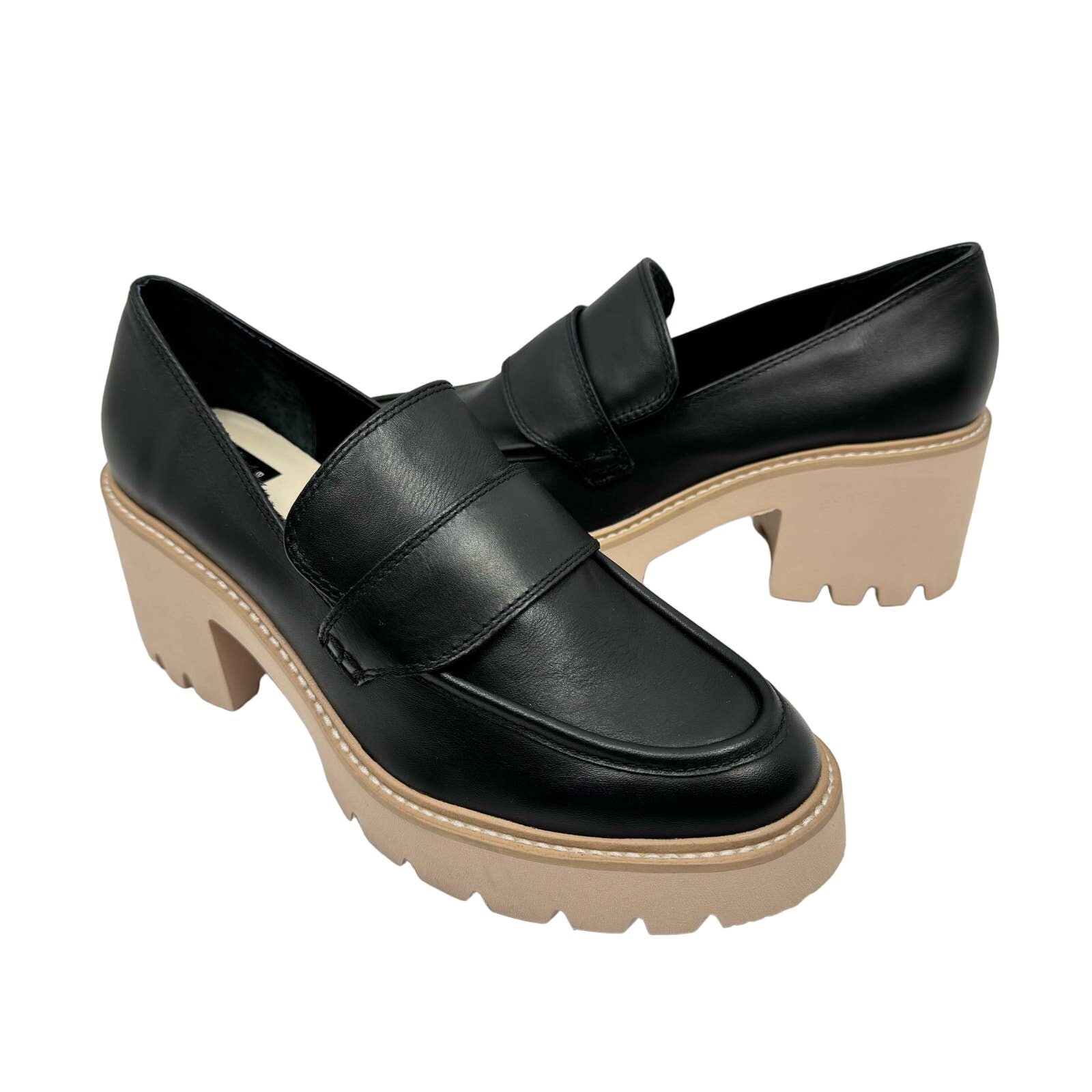NEW Dolce Vita Halona Black Leather Block Heel Contrast Lug Sole Loafers