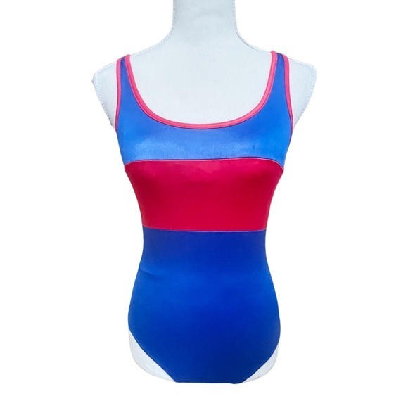 nwt vintage 1970s juniors swim blue red scoop back sporty retro one piece
