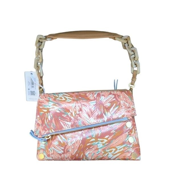 Hammitt Garden Party Foldover Leather Shoulder Bag Pink Blue Floral Brush Gold
