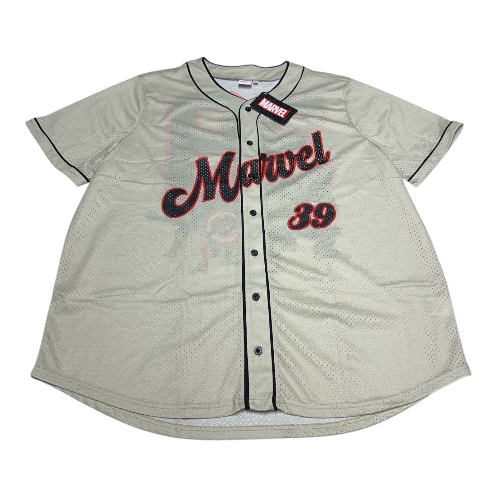 Marvel Baseball Jersey Mens Size 4XL Beige Button Up Shirt Hulk Iron Man Captain