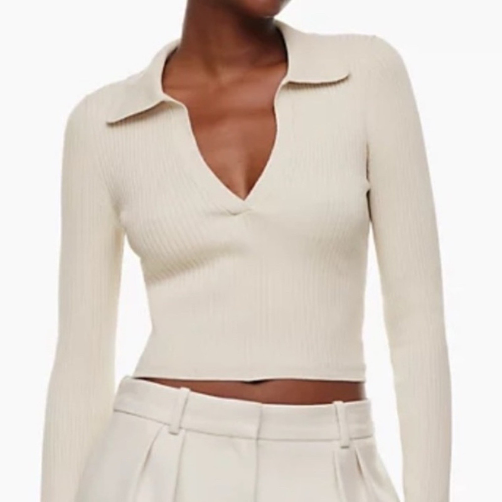 New Aritzia Long Sleeve Polo Crop Top Beige XXS