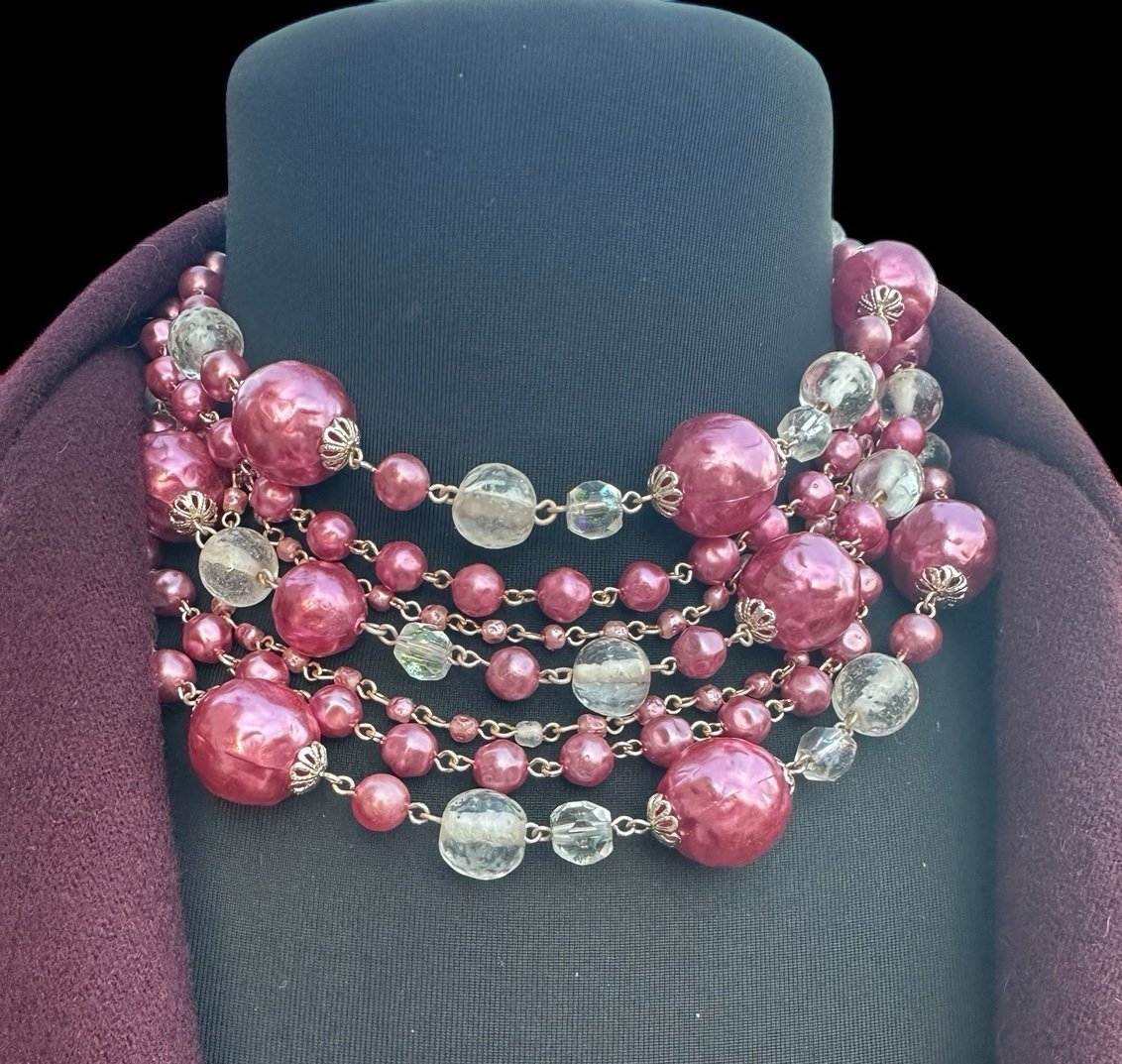 Vintage Layered Pink & Clear Linked Bead Statement Necklace | Adjustable