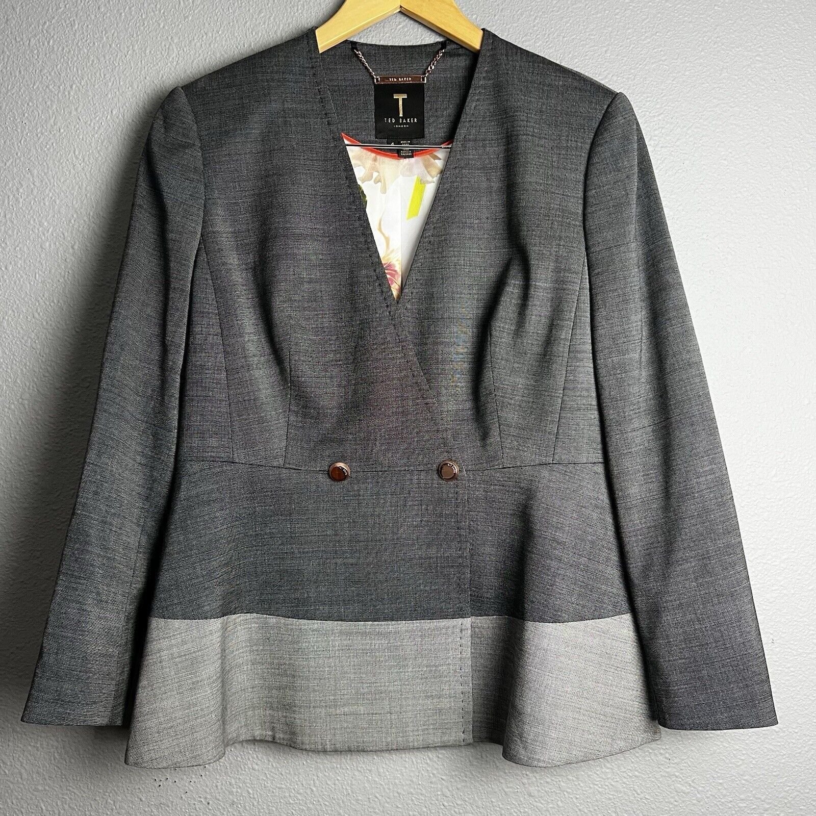 Ted Baker TRESSAJ T Size 4 Gray London Contrast Peplum Double Breasted Blazer