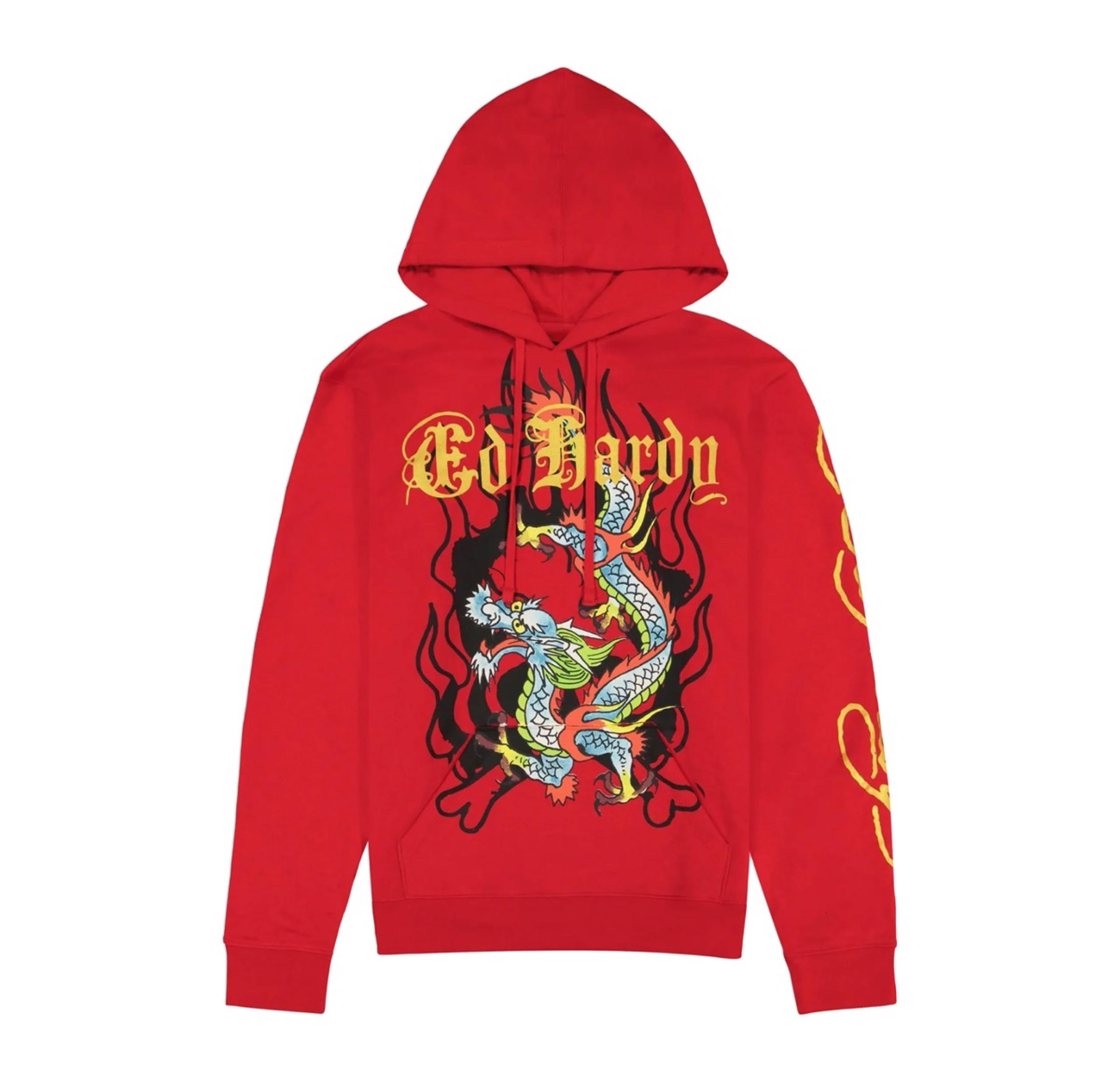 Ed Hardy Hoodie Dragon Red Pullover Mens Graphic Biker Rock Tattoo
