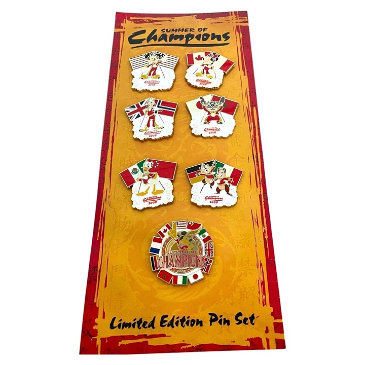 Disney Parks Summer of Champions Flags Limited Edition Pin Set Stitch Goofy