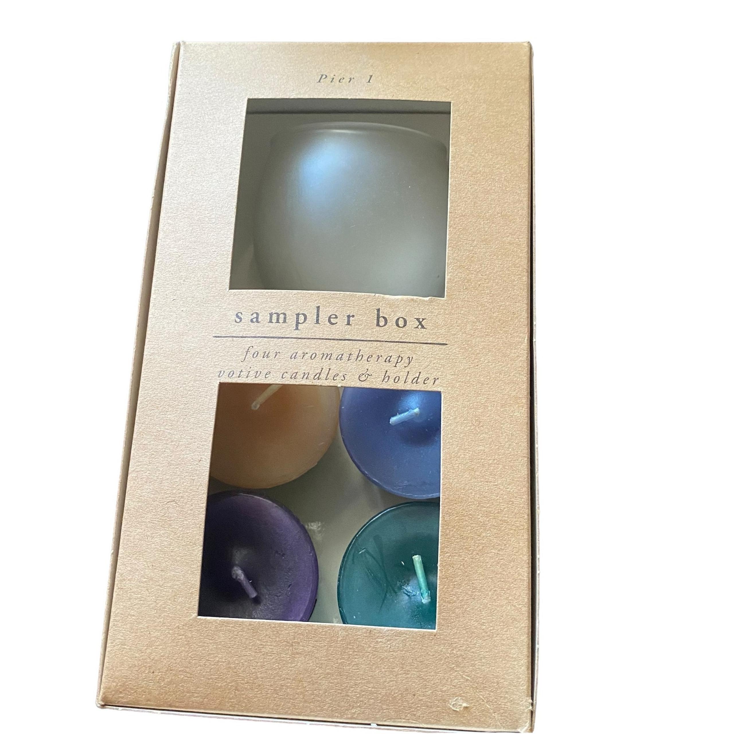 Pier 1 aromatherapy votive candles & holder sampler box -4 vintage rare