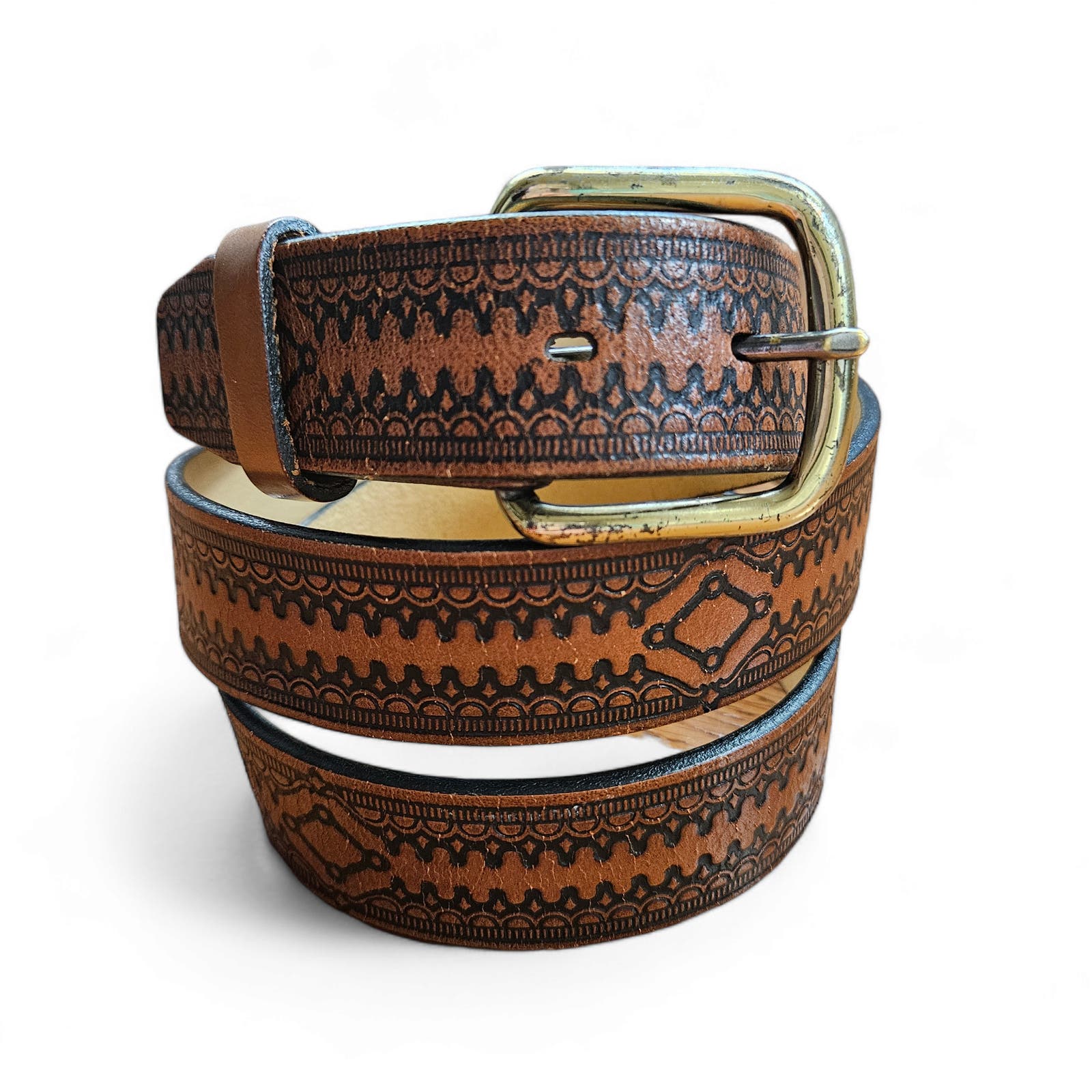 Brown & Black Tooled Leather Belt Size 42